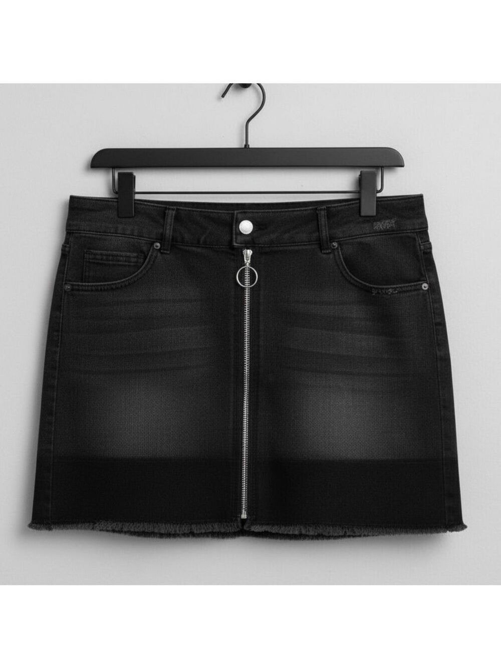 90s Black Mini Skirt O-Ring Metal Zip Denim M Whimsigoth Cyber Y2K Alt Grunge - Picture 2 of 11